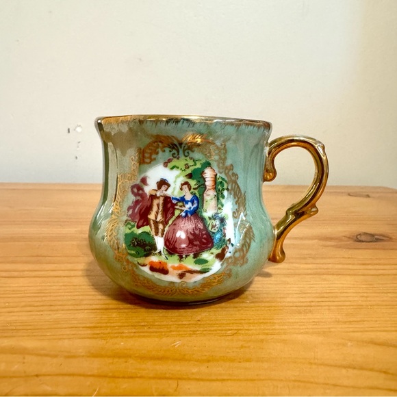 Vintage Victorian Style Tea Cup Mug Promenade Couple Green Gold Ornate - Picture 1 of 8